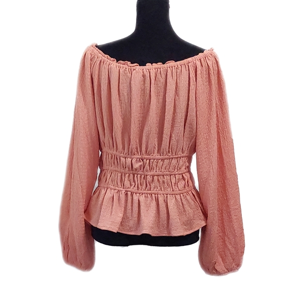 Womens Còral Orange Smocked Peplum Long Sleeve Top Size M Easle - Picture 8 of 8